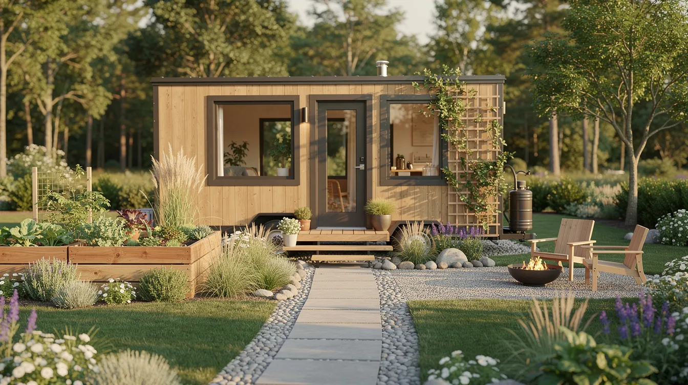 2fca3d0d497d4120b71692274120a039 The image showcases a beautifully landscaped tiny home yard featuring tall potted plants and a variety of smaller plants arranged to maximize the available outdoor space This private oasis incorporates edible plants and vertical elements creating a functional and aesthetically pleasing outdoor living area
