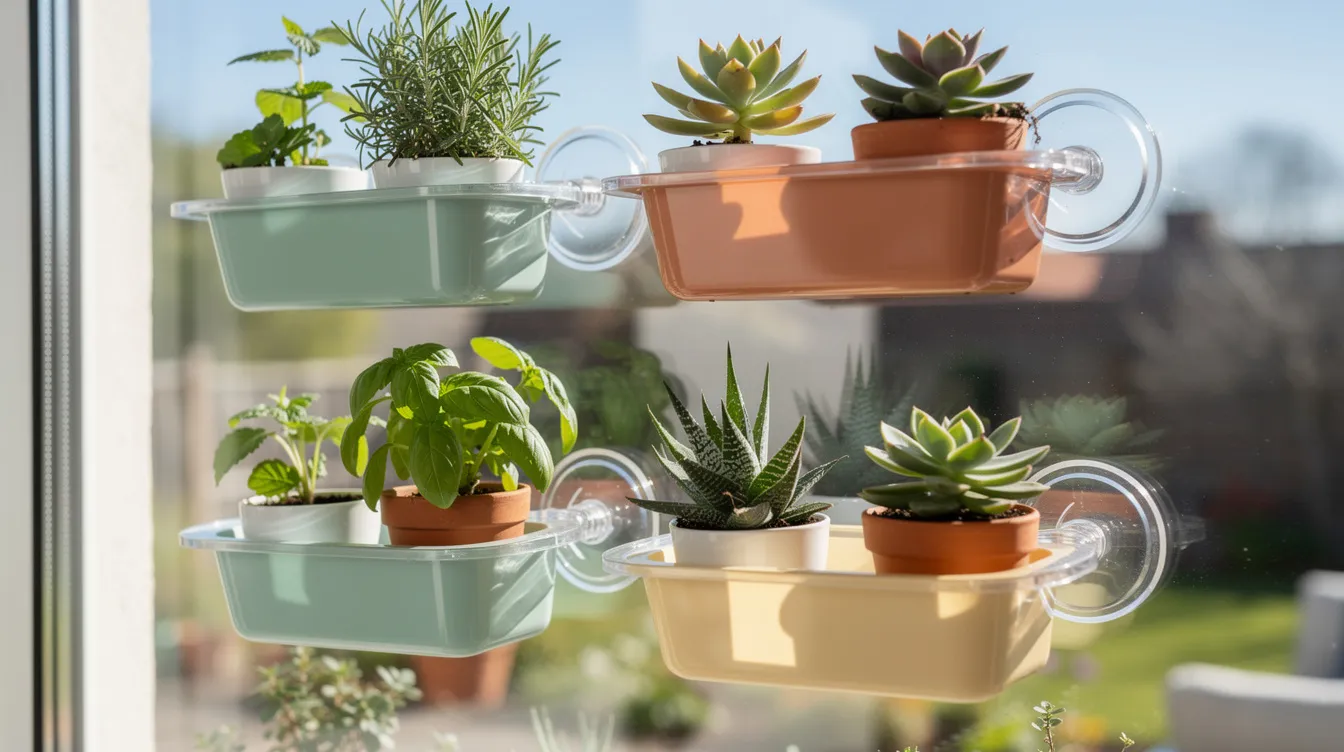 31819d9f75b44dd184df47b946e30786 The image features suction cup window planters showcasing clear and colored trays that hold small pots of herbs and succulents mounted directly on a glass surface to capture natural light These wall planters are ideal for small spaces enhancing home decor with greenery while providing a bright environment for plants to thrive