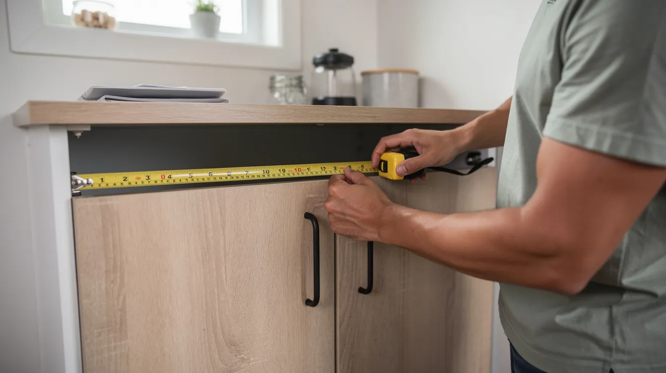 31f6527edb134d53a6ecc804b88991fd A person is measuring the width of a cabinet opening in a tiny home kitchen using a tape measure preparing for a DIY project to install new kitchen appliances The scene highlights the importance of precise measurements for fitting high end models like a refrigerator or stove in compact spaces