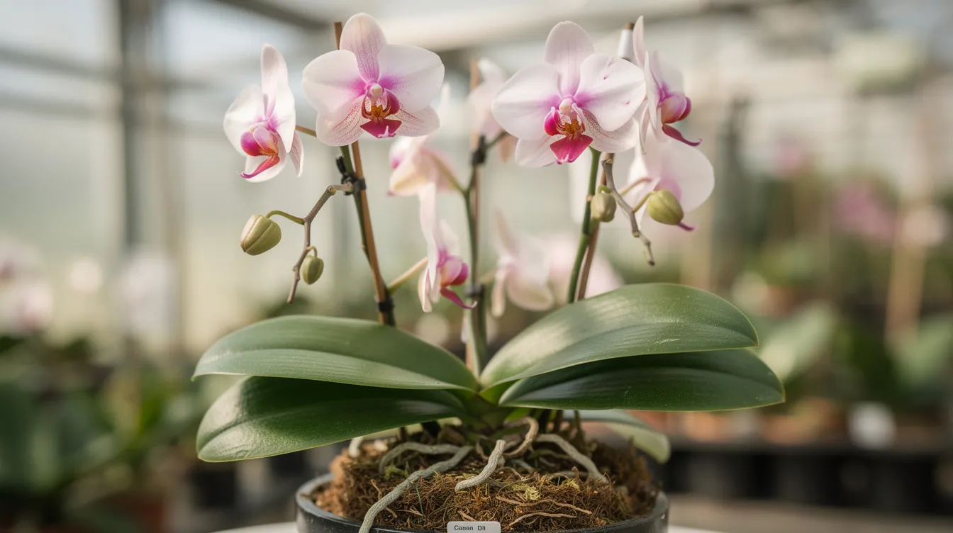 32f77a656246431faec45d7df7aba516 The image features compact Phalaenopsis orchids showcasing their vibrant and colorful blooms against lush foliage These tropical flowers are perfect for indoor gardening thriving in bright indirect light and well drained soil adding exotic beauty to any space