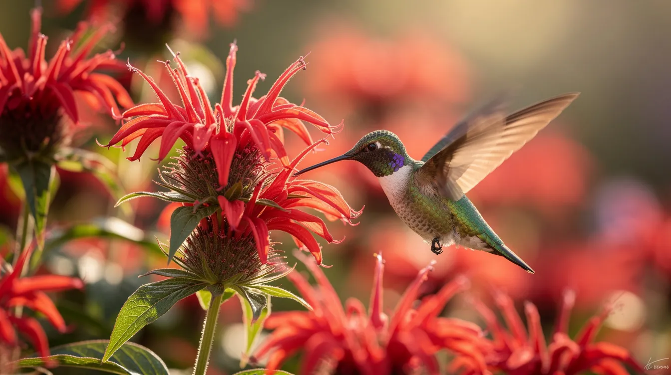 331e686efb29431d8b2347e2e7419696 A close up view of vibrant red bee balm flowers showcases a hummingbird feeding from one of the trumpet shaped blooms These nectar rich plants are known to attract hummingbirds and serve as a beautiful addition to any hummingbird garden
