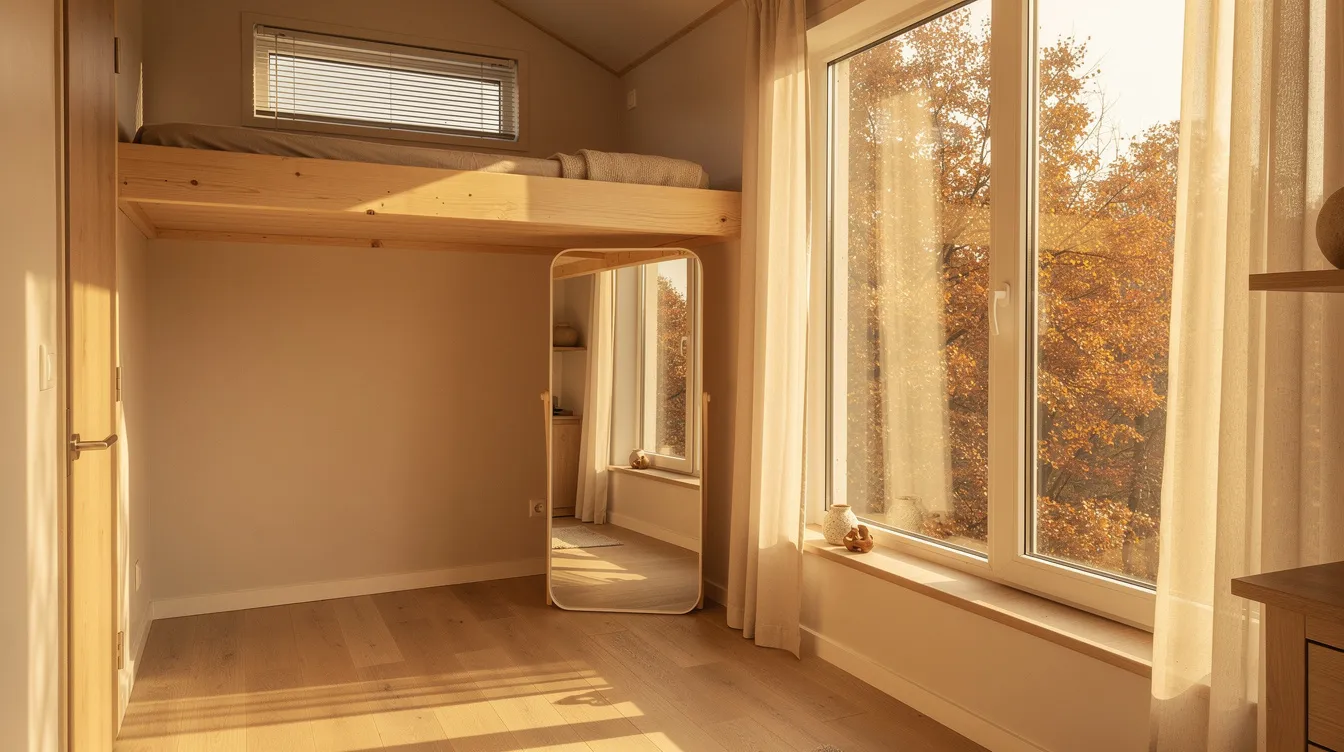 339363484bd946078708e73ad5f98120 The image showcases a cozy tiny house interior bathed in natural light with large windows adorned with sheer off white curtains that filter the sunlight A mirror opposite the window reflects the light enhancing the spacious feel of the small space while a simple dining table and comfortable seating create an inviting atmosphere perfect for autumn gatherings