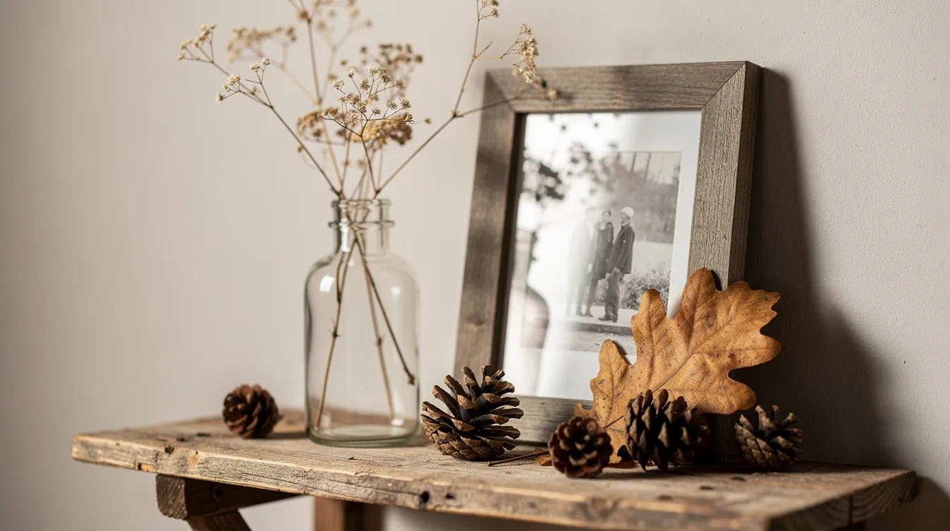 3428fc394b1e47dfb736237c610f52c9 A small wooden shelf showcases a glass bottle filled with dried wildflower stems surrounded by scattered pine cones and pressed oak leaves tucked behind a framed photograph creating a cozy fall decor atmosphere perfect for the season This charming arrangement adds warmth and character to the space embodying cottage style with a few unique pieces