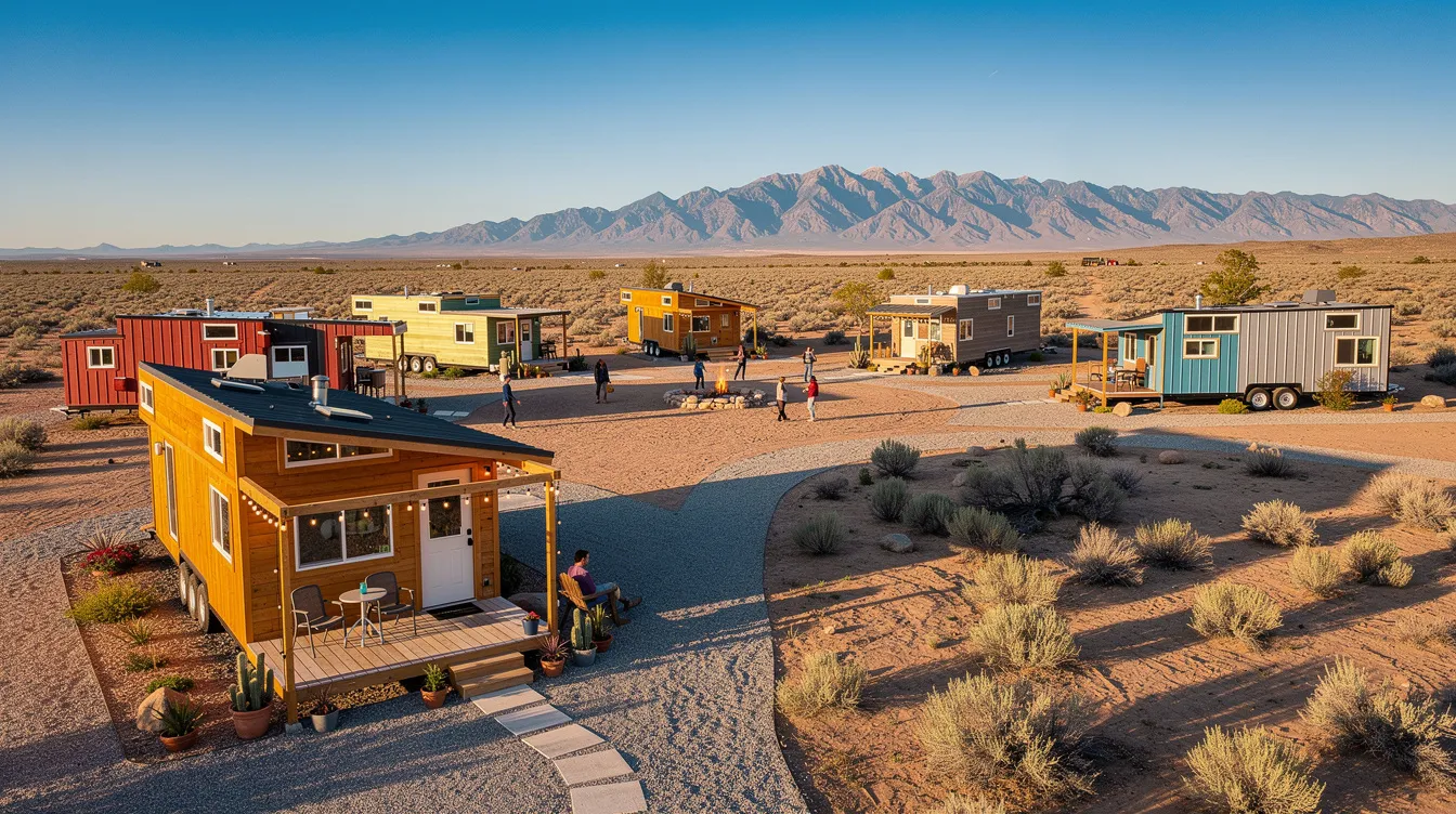 347edf67b00e434da28f4bcec1276124 The image depicts a vibrant tiny home village in Albuquerque featuring several colorful tiny homes designed for permanent supportive housing Residents engage in community activities around a communal garden showcasing a spirit of self sufficiency and support among villagers as they work towards independence