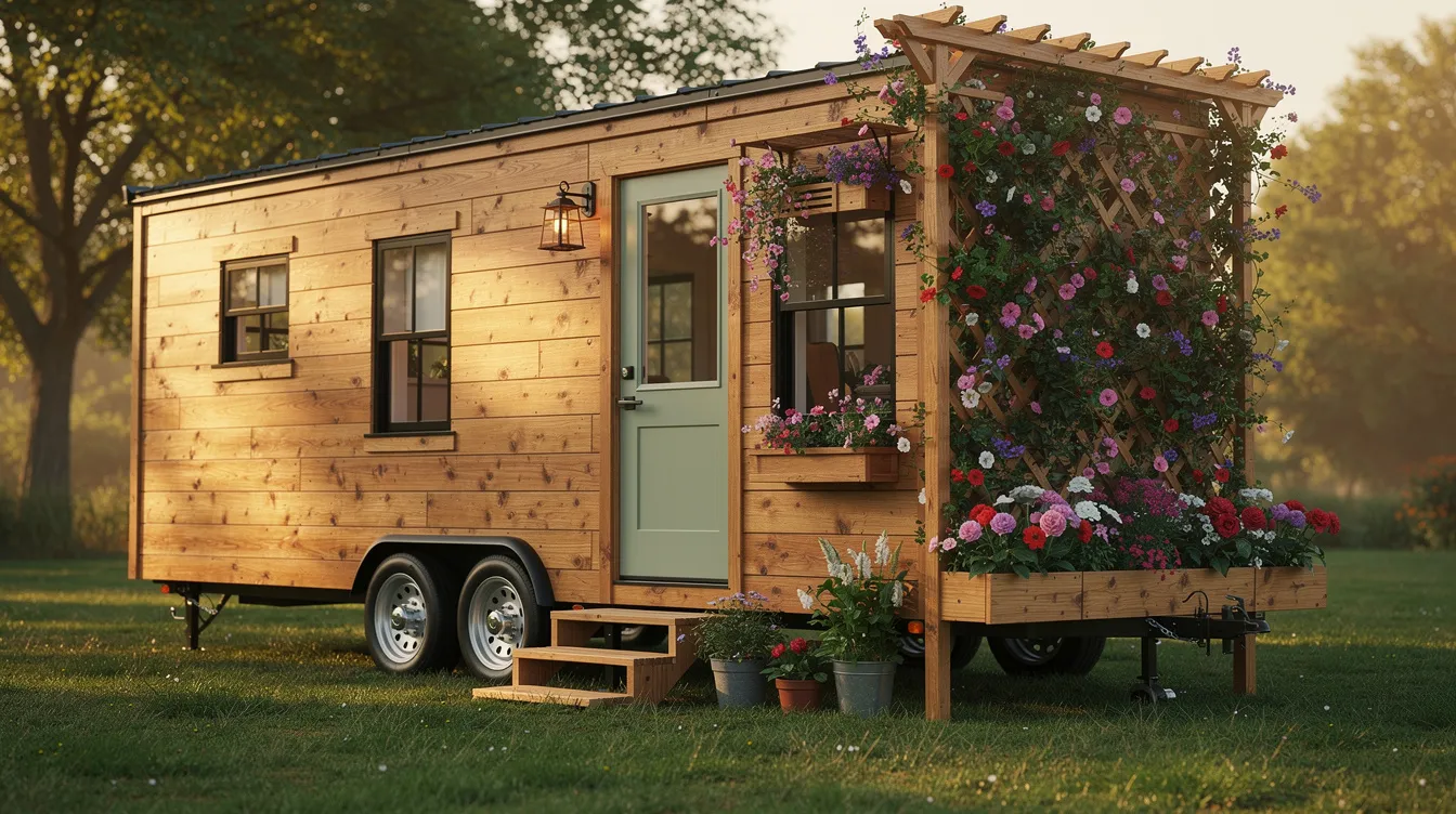 35eeb997c621484f903e59e9332c72af A charming small wooden tiny home on wheels features a sturdy trellis adorned with colorful flowering vines including vibrant climbing flowers and fragrant blooms growing beside the front door The arrangement creates a welcoming atmosphere perfect for small gardens and enhancing vertical space with beautiful twining stems