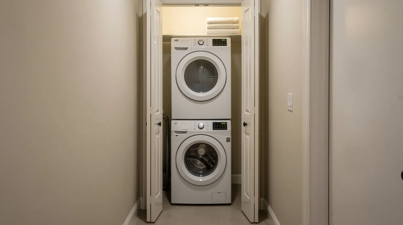 36feca8ad7cf4a8298a2471c9da4e60e The image shows a compact stacked washer and dryer unit neatly installed in a narrow closet space showcasing its efficient design that maximizes utility in small areas This reliable appliance is ideal for those looking to optimize their laundry tasks in limited spaces