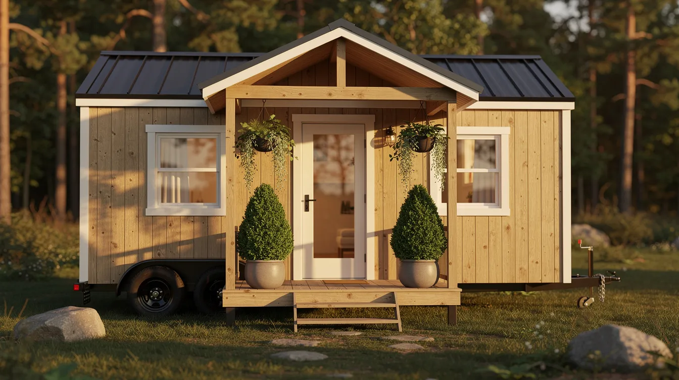 38b006218613483293c00a9871a9a0a3 A tiny home on wheels features a charming covered porch with two potted evergreen shrubs flanking the front door while vibrant trailing plants in hanging baskets add a touch of color The scene showcases a blend of lush green foliage and colorful blooms creating an inviting entrance with great curb appeal
