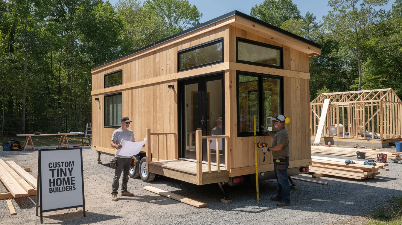 38ba404486b745d1808ffa4ec4e59ee0 The image showcases a beautifully crafted custom tiny home designed by tiny home builders in Oregon featuring large windows that invite natural light into the cozy interior This perfect tiny house reflects a sustainable lifestyle blending seamlessly with the surrounding nature of the Pacific Northwest