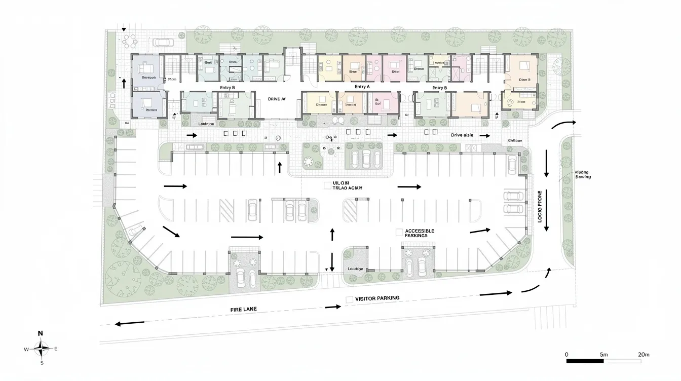 390a87c8ee9c4f6b90fd5a73e10fd7d7 This top down floor plan of an apartment building illustrates the layout of parking spaces and access routes leading to residential entries showcasing the arrangement of units and their proximity to common areas The design includes details such as the width of pathways and the placement of balconies providing a comprehensive view of the building's structure and space utilization.