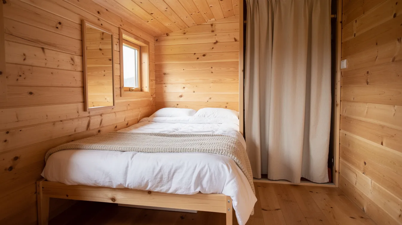 391b6733b64645b9a3d204fd698fb784 The image depicts a cozy sleeping loft in a tiny house featuring warm wood walls that create a welcoming atmosphere A small mirror is mounted on the side wall away from the bed while a fabric curtain elegantly covers another closet mirror enhancing the sense of balance and flow in this compact space