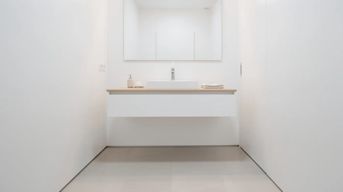 3d5921ade0b74d8db0a3f8b6941f210c The image features a modern wall mounted floating vanity unit in a small white bathroom showcasing visible floor space underneath for an airy feel This design is perfect for small bathroom ideas maximizing limited space while providing functionality and style
