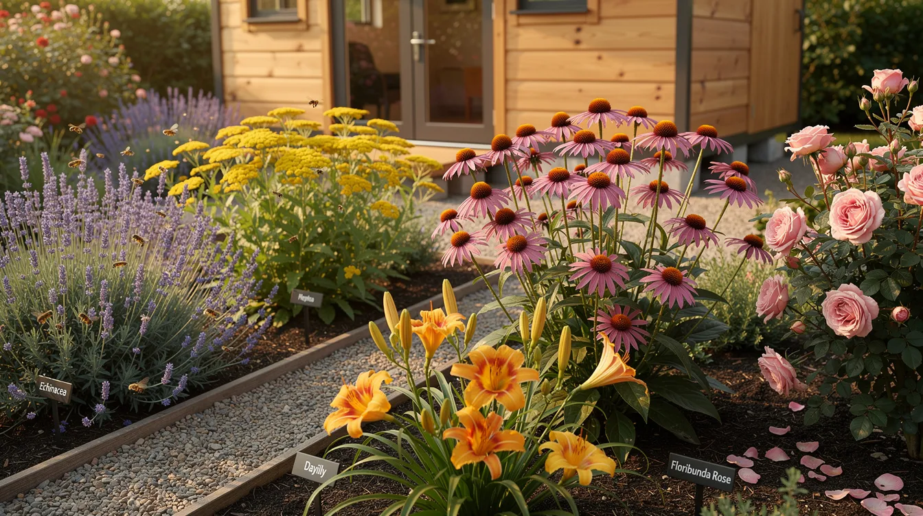 411f37772b904d10812665868e419b98 In a tiny house yard a vibrant display of long blooming plants like coneflowers catmint and yarrow creates a colorful outdoor space that attracts pollinators and enhances the tiny home aesthetic This functional yard design maximizes visual interest and blooming periods while minimizing turf lawn areas