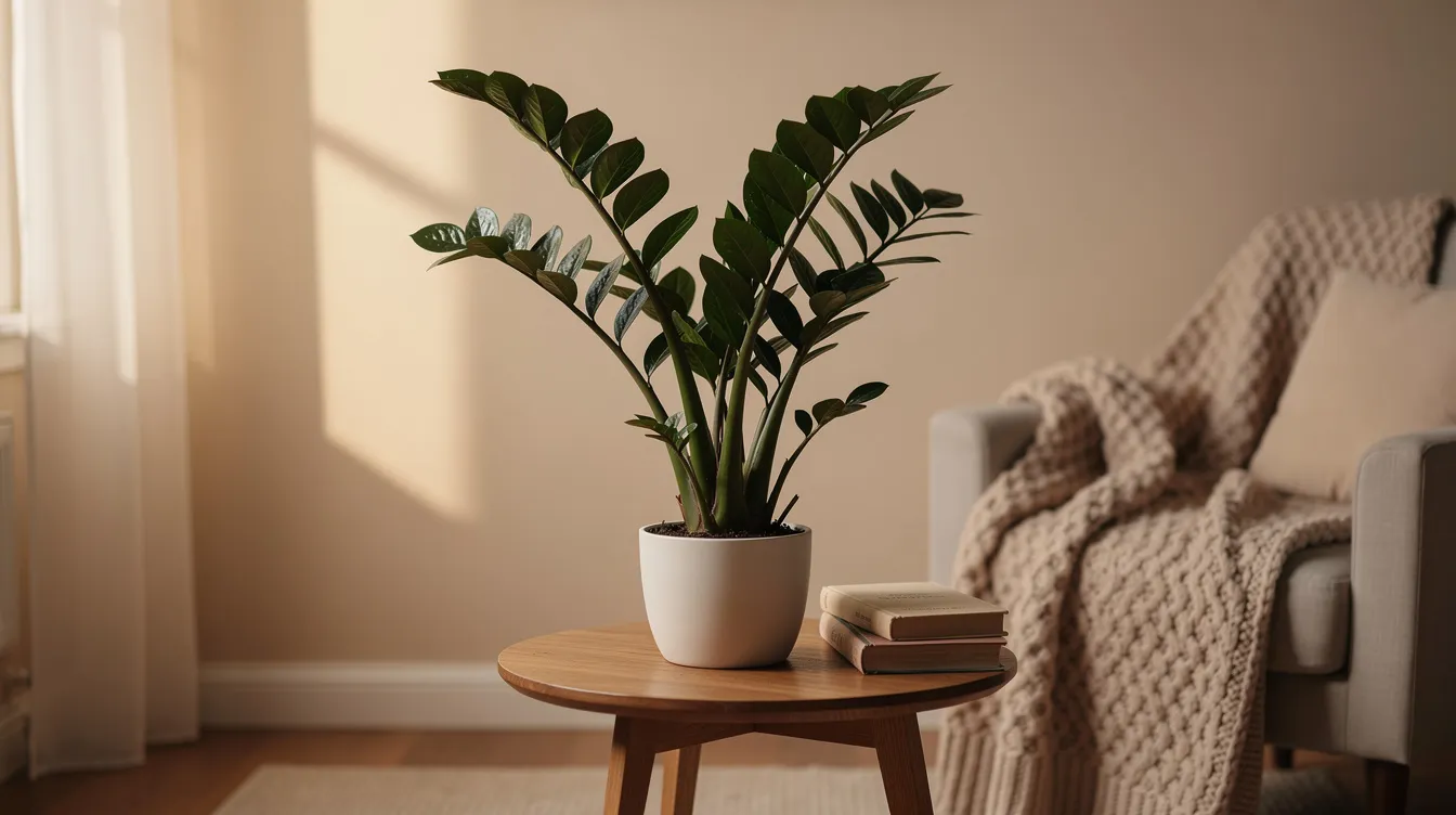 4515f54dea254aa49c440286ea683d43 A ZZ Plant Zamioculcas zamiifolia is showcased in a small cozy home setting featuring its glossy green leaves and arching stems that thrive in low light situations This low light tolerant plant is perfect for busy plant parents looking to add greenery to small spaces