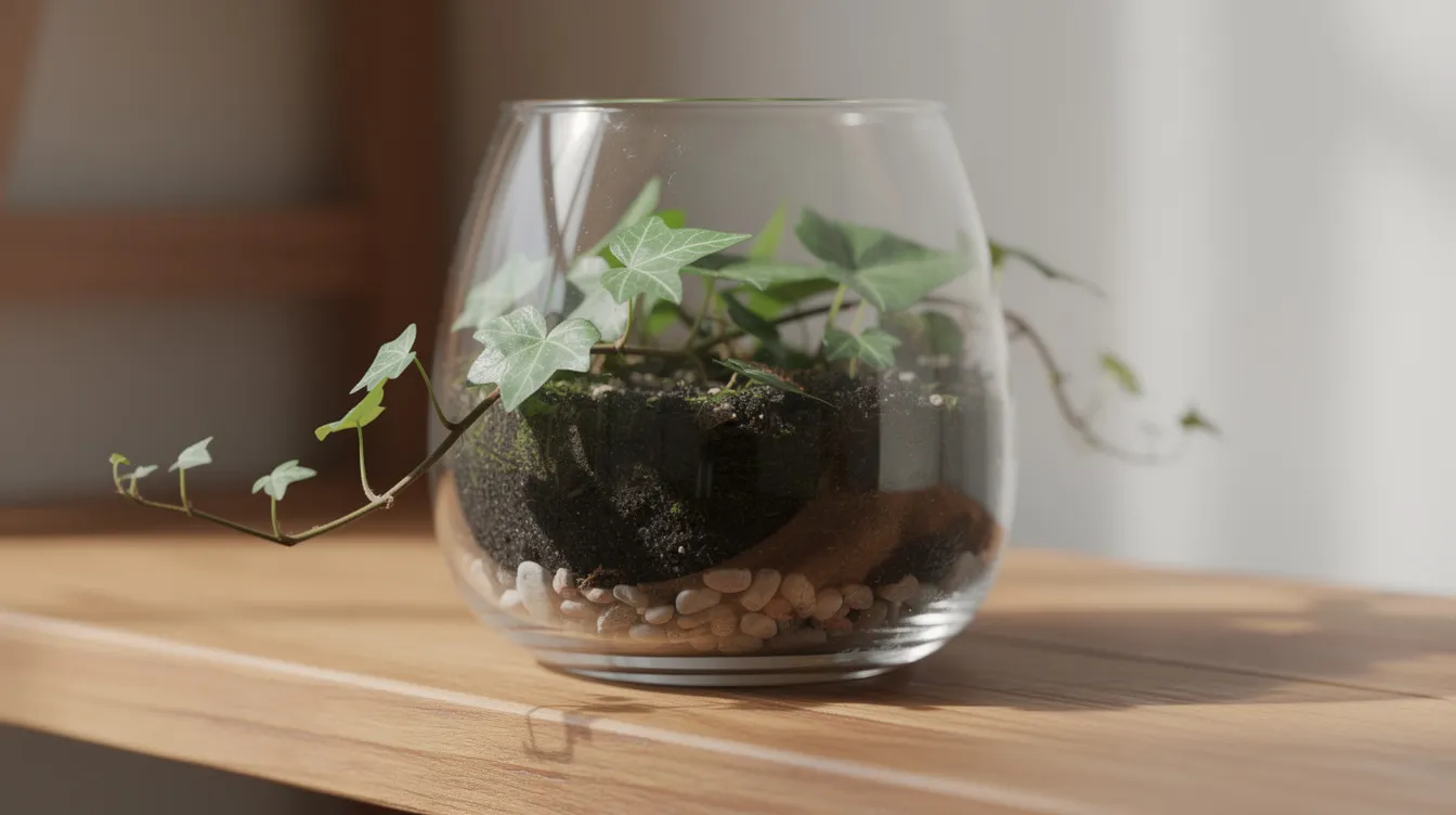 45ea8ab382214ed3b597346e2a2c77b9 A small glass terrarium sits on a wooden shelf showcasing miniature ivy plants with lush dark green leaves This charming display features various ivy varieties creating a vibrant indoor garden that thrives in indirect light