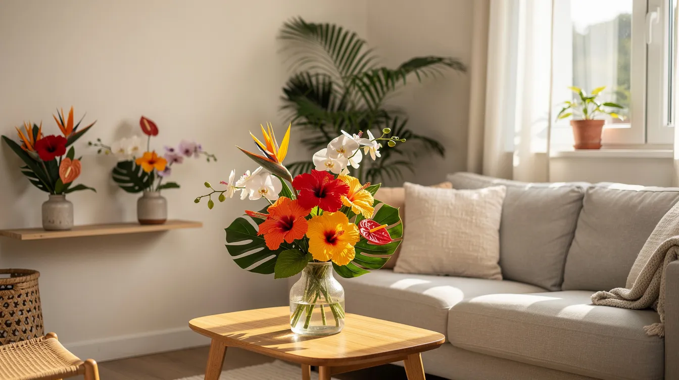 46877bd6b390418a837a666d34a6e76a The image showcases a vibrant arrangement of tropical flowers including colorful hibiscus and striking flamingo flowers set against lush foliage This display highlights the exotic beauty of tropical plants perfect for enhancing a small home with their bright blooms and ability to thrive in indirect light