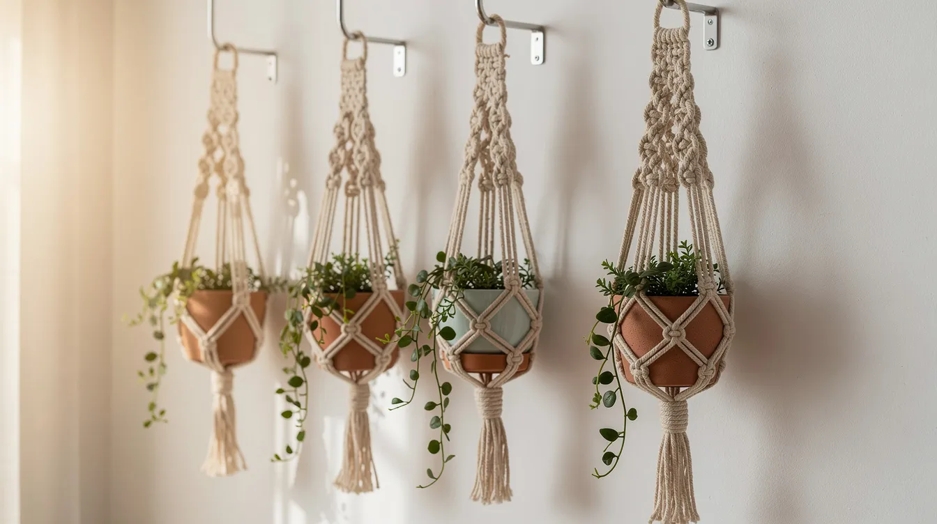 48d5cf7a126547c3b1c561f19e503047 This image features hanging macramé wall planters made of knotted cotton or jute cord elegantly cradling pots that are suspended from a ceiling hook or wall bracket The planters add a bohemian touch and texture to the indoor space perfect for showcasing air plants or trailing plants in small rooms or living areas