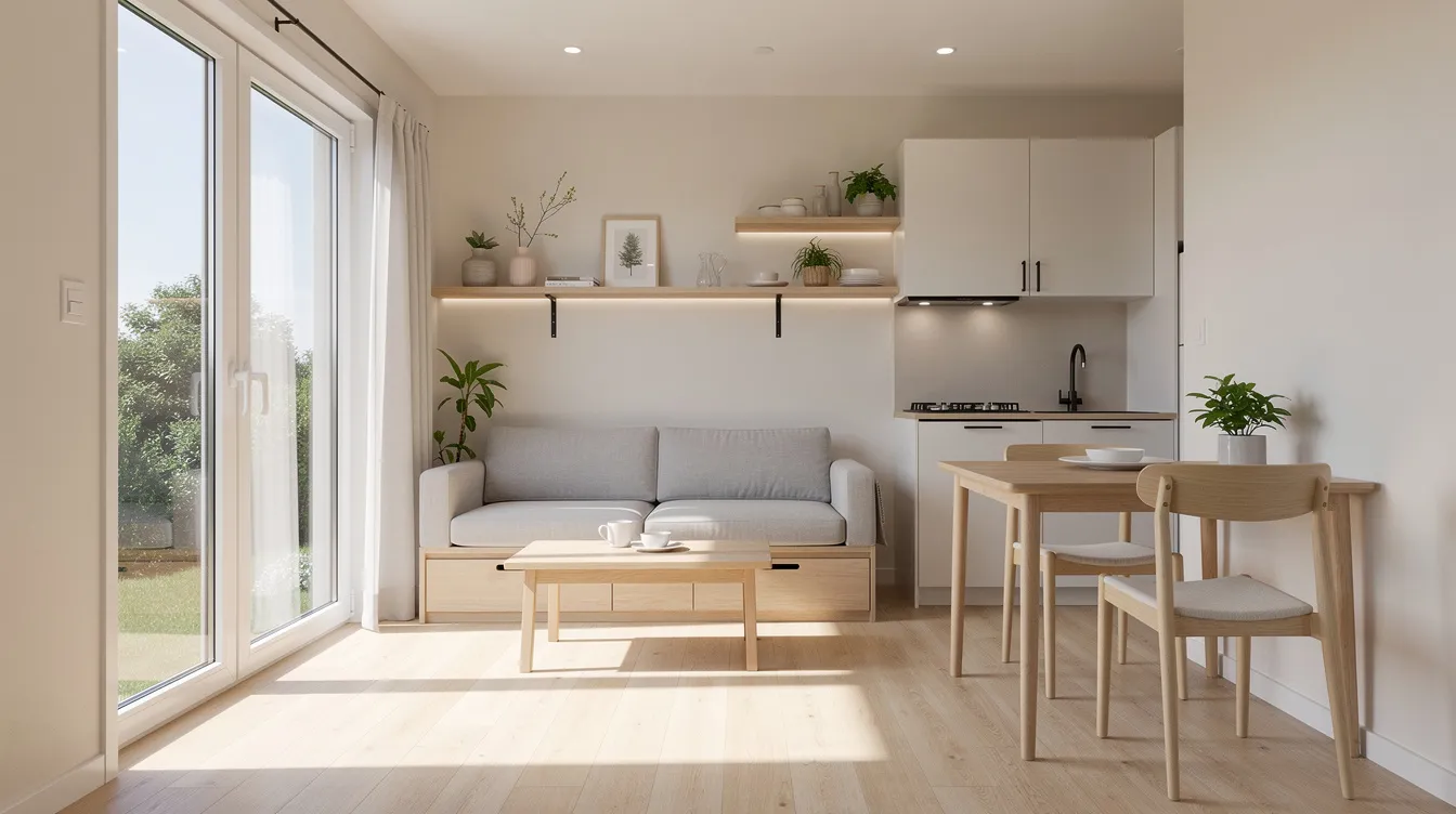 4956e398385842c69389a4b069ba292c The image depicts a bright tiny home interior featuring large windows that allow natural light to flood the space complemented by light colored walls and minimal furniture The design emphasizes light shades and creates a feeling of more space making it a stylish example of how to effectively use color choices in small homes