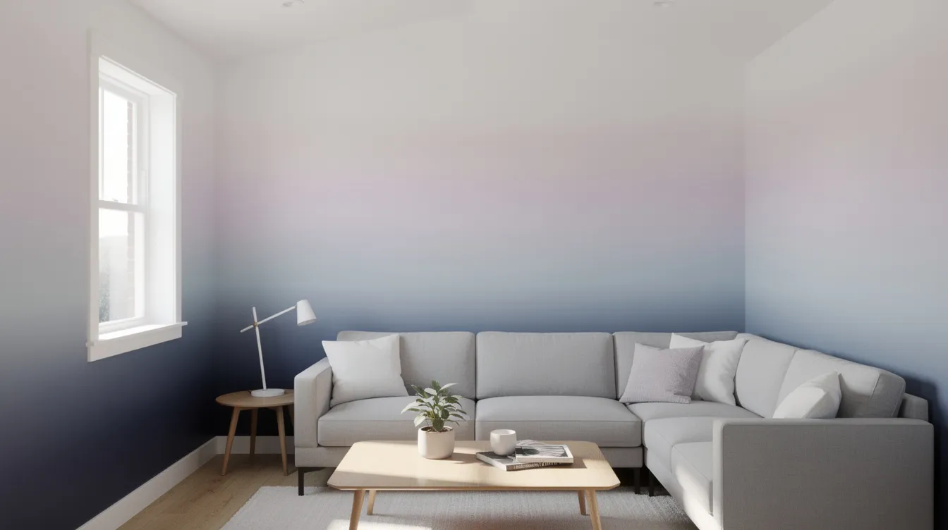 496209a451e04ddeb21c3f4bf39c6d37 This image showcases a tiny home interior featuring ombre and gradient wall painting effects where soft blues transition from darker shades at the bottom to lighter hues towards the ceiling The light paint colors create an airy feeling enhancing the small space with depth and personality while the design serves as a stylish focal point