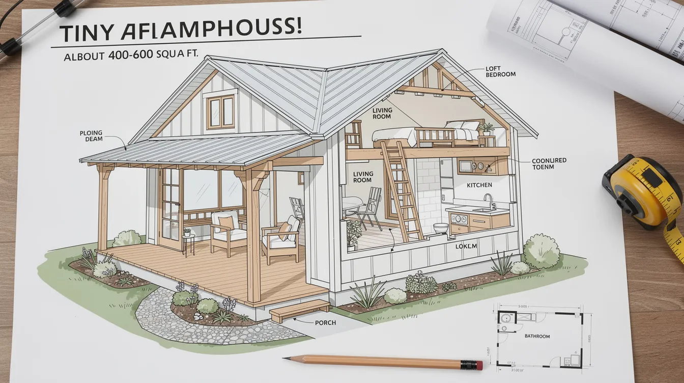 4b638867f1984aa9b6d1adda170edef1 This image showcases a cozy tiny farmhouse designed with rustic elements featuring large windows and exposed beams that create a warm and inviting atmosphere Surrounded by natural materials and beautiful landscapes it exemplifies modern rustic house plans perfect for those seeking a serene escape in the countryside