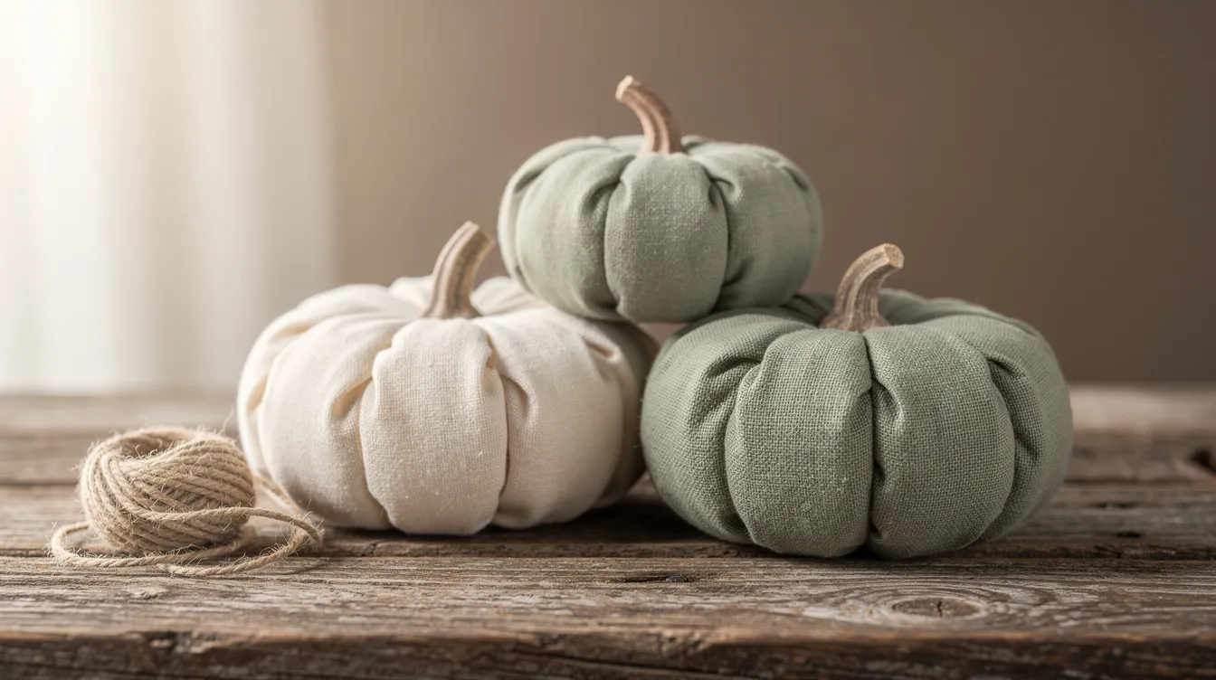 4c14a7f9dc6f4cfe848fe9d363828932 A collection of handmade fabric pumpkins in soft cream and sage green hues rests on a rustic reclaimed wood surface accompanied by a roll of jute twine This charming arrangement adds a cozy touch to any decor perfect for those looking to protect and enhance their tiny homes