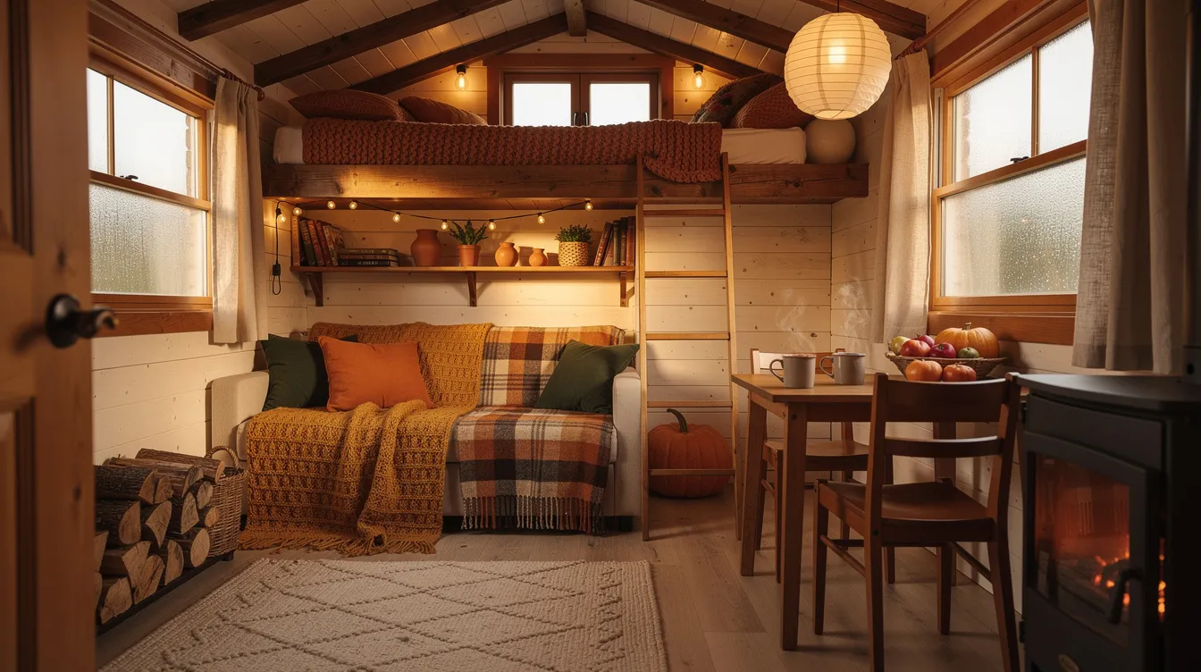 4d49556722e44204b7664505dd18a965 The image showcases a cozy autumn interior of a tiny house featuring a warm and inviting dining table surrounded by comfortable chairs with seasonal decorations enhancing the small space's charm. Natural light streams through the windows, illuminating the clever use of vertical space and creating a welcoming atmosphere perfect for game nights or relaxing in the sleeping loft.