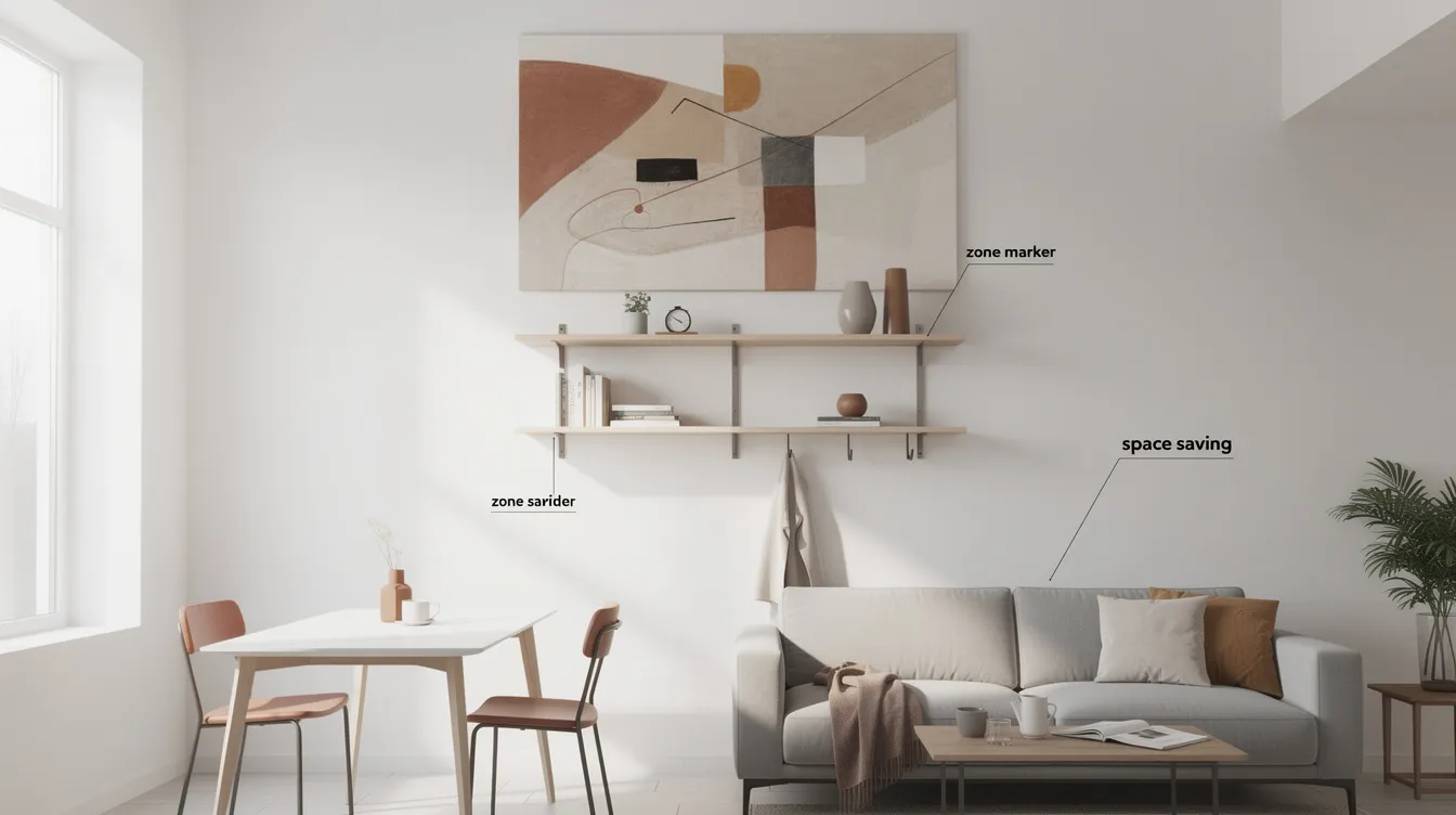 4da80b8ddf154e848d216d00f1b629d9 The image showcases multi functional wall art mounted above eye level designed to save space in a tiny home while creating a stylish focal point The use of light paint colors and vertical lines enhances the feeling of height transforming the small room into a more open and inviting oasis