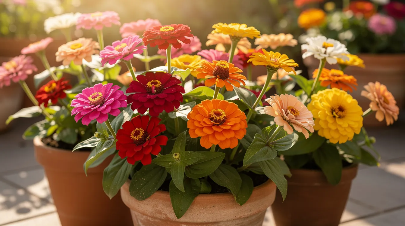50430fd30e804ea38f0f7566750fbe1d A vibrant collection of zinnia flowers in various shades including bright pink and coral thrives in a sunny container garden The colorful blooms are surrounded by lush green foliage creating a lively display perfect for adding interest to a front porch or window box