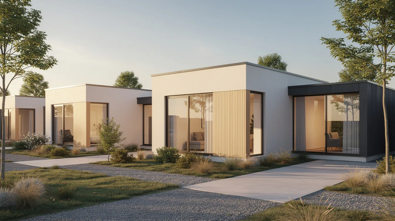535ca3f589504bc6bcbca6090b1cffed The image showcases a collection of modern minimalist small houses each designed with large windows and a smaller footprint ideal for compact lots These charming designs offer efficient use of space perfect for empty nesters or homeowners looking to explore small house plans