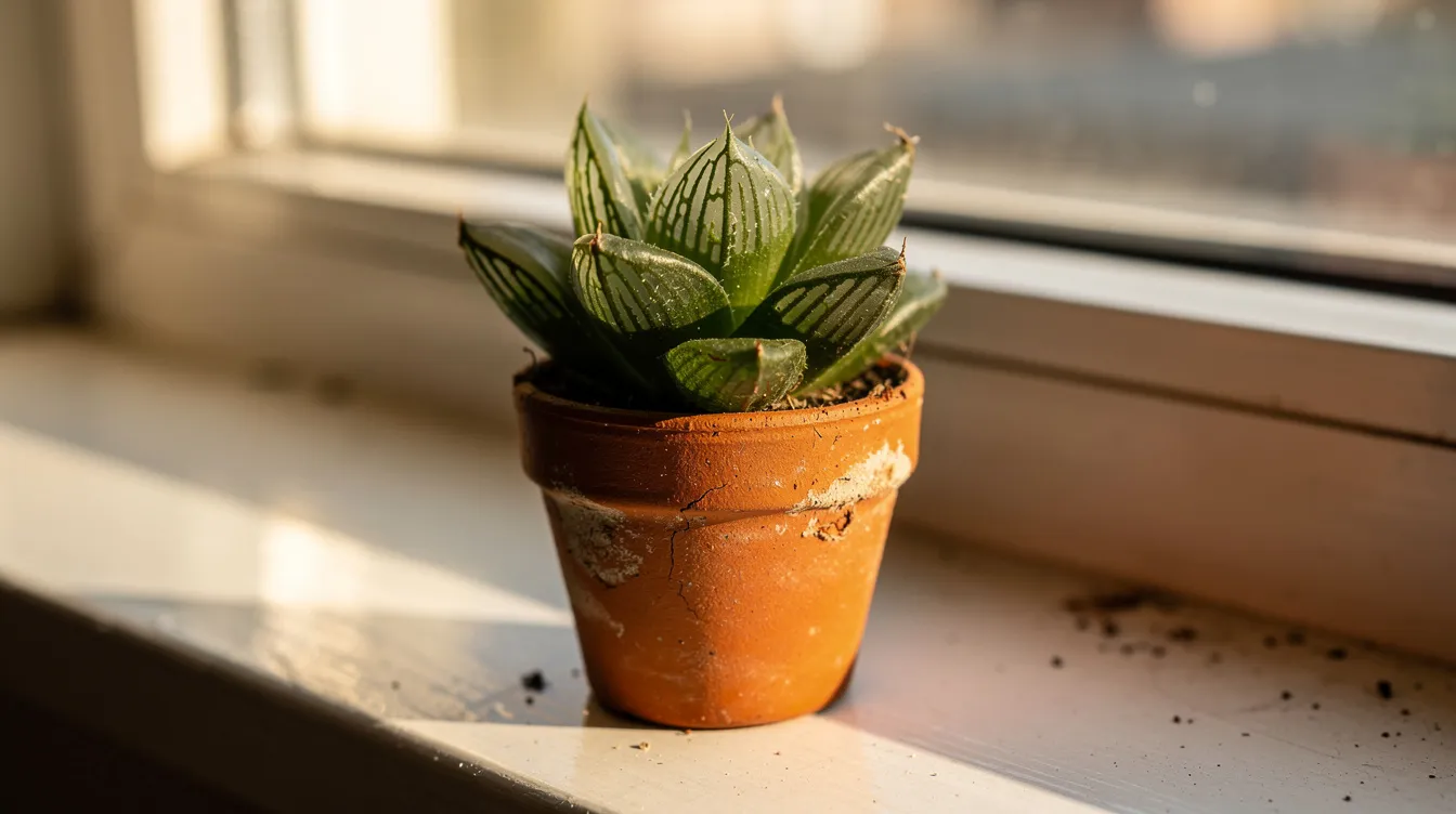 550c91cf902746058377c9f92c8c43e7 A close up of a small haworthia succulent in a tiny terracotta pot sits on a sunlit windowsill showcasing its green fleshy leaves that thrive in bright indirect light This low light tolerant plant is perfect for busy plant parents looking to enhance their small indoor spaces with greenery