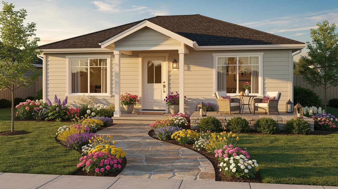56d22556fe7f47bf9e723b82b44bd704 The image depicts a beautifully landscaped small suburban house featuring a flowering garden a cozy patio and a welcoming entrance showcasing the charm and efficiency of small house designs With large windows and a well maintained exterior this home is perfect for homeowners seeking a comfortable living space on a compact lot