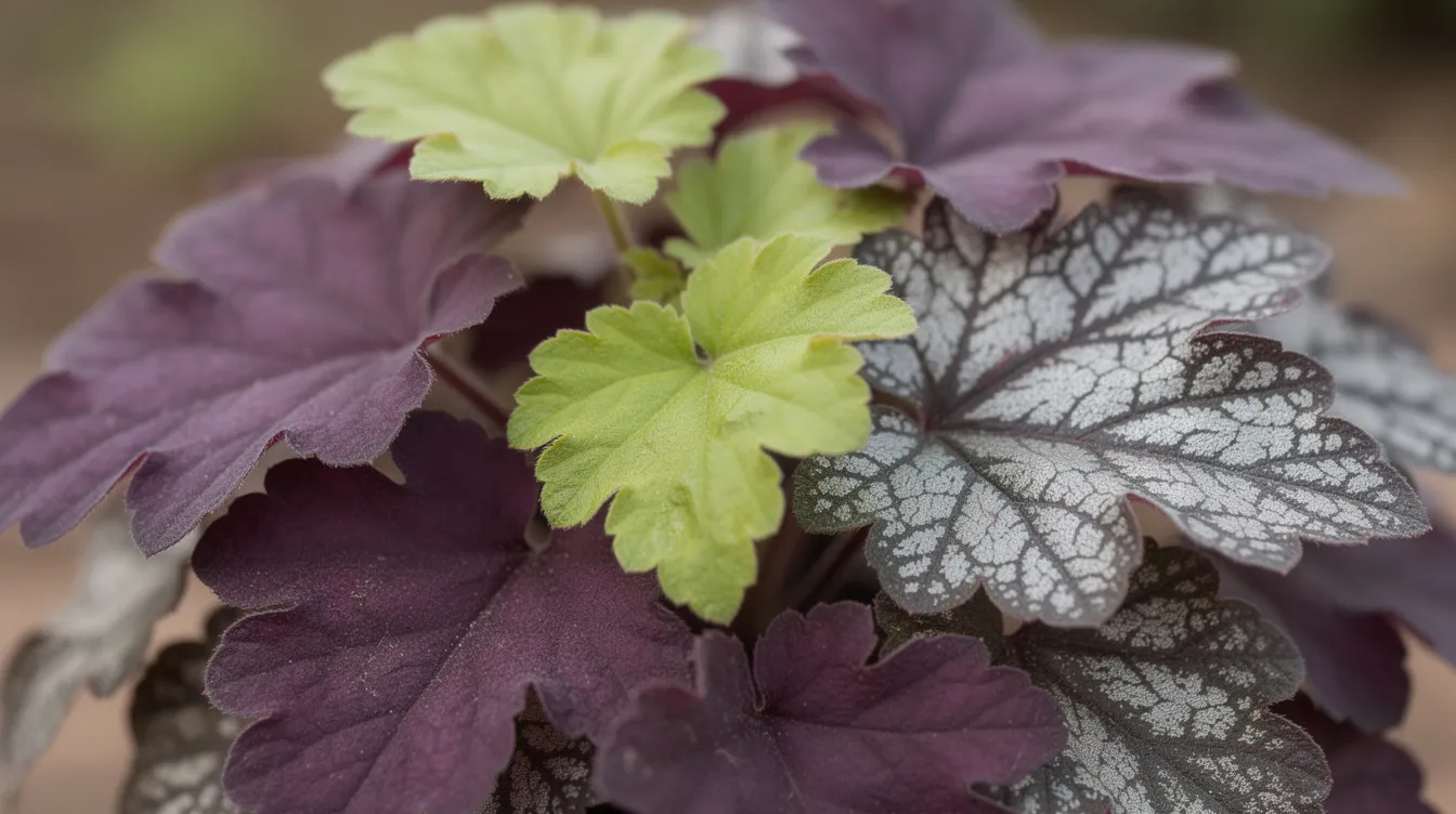 56da897653f647c09cff745e720a6f7e A close up view of vibrant coral bells plant leaves showcases a beautiful mix of purple green and silver hues perfect for adding dimension and interest to small garden ideas or container gardens This low maintenance foliage can enhance the beauty of tiny spaces while providing a striking visual element