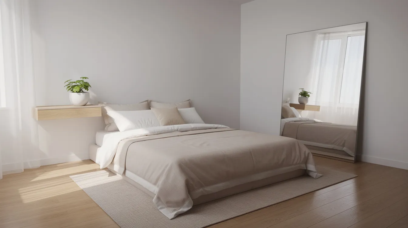 571549951dc842309037691e7ab2670f The image depicts a cozy small bedroom featuring a twin bed with light colored bedding a large rectangular mirror leaning against the wall that reflects natural light from two nearby windows and a small plant on a floating shelf creating a bright and inviting living space This design exemplifies creative solutions for small space living by maximizing vertical storage and enhancing the room's ambiance with light.