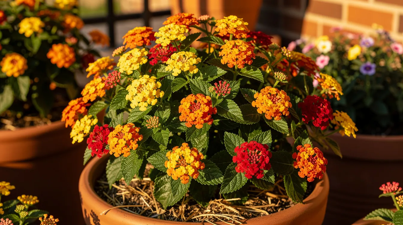 5716877e1d224c7bb4eaf9af53cac4ab The image features a vibrant Lantana flowering shrub in full sun showcasing clusters of flowers that transition from yellow to orange and finally to deep red This drought tolerant plant thrives in sunny container gardens offering continuous blooms throughout the spring and fall