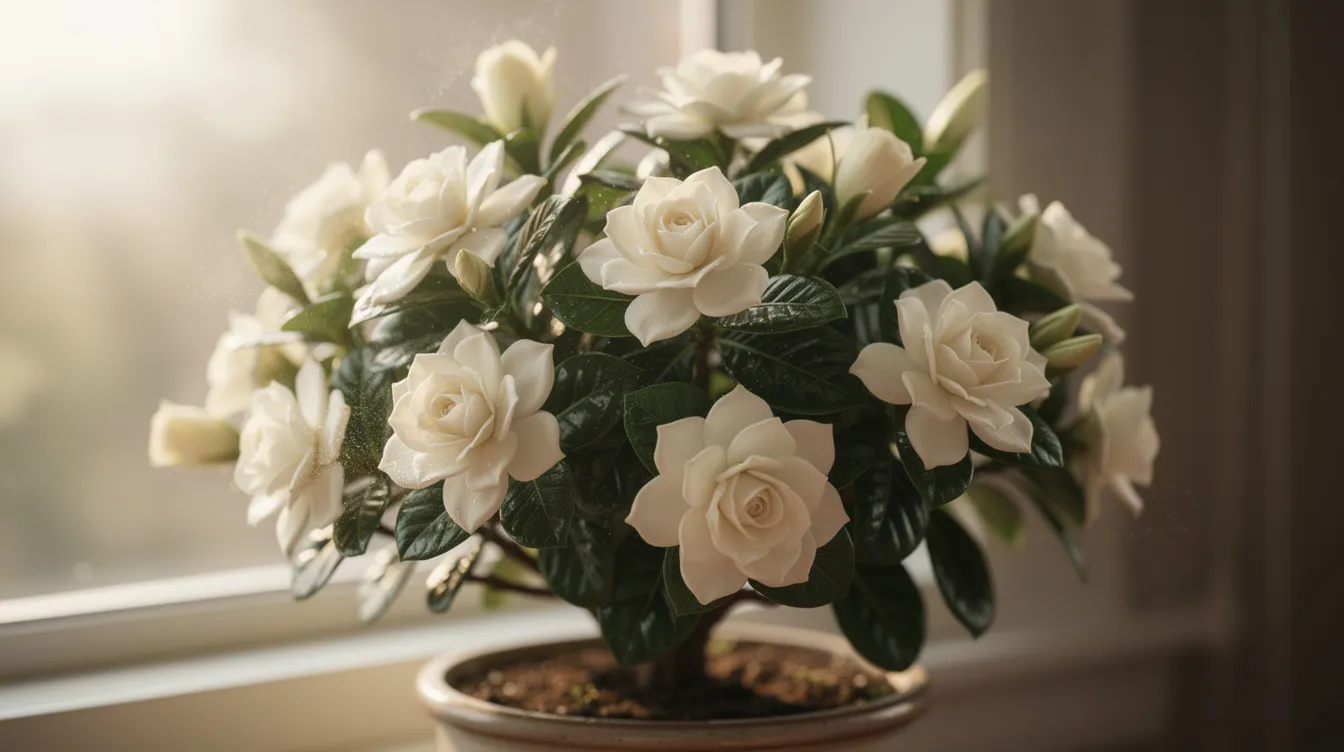 5821483699ff403fa23df665144bce17 The image features a miniature Gardenia jasminoides a small indoor plant that reaches about 15 to 2 feet in height showcasing its lush green leaves and delicate white blossoms Known for being one of the most fragrant houseplants it emits a sweet luxurious scent particularly strong during the morning and evening making it a great choice for adding fragrance to small homes
