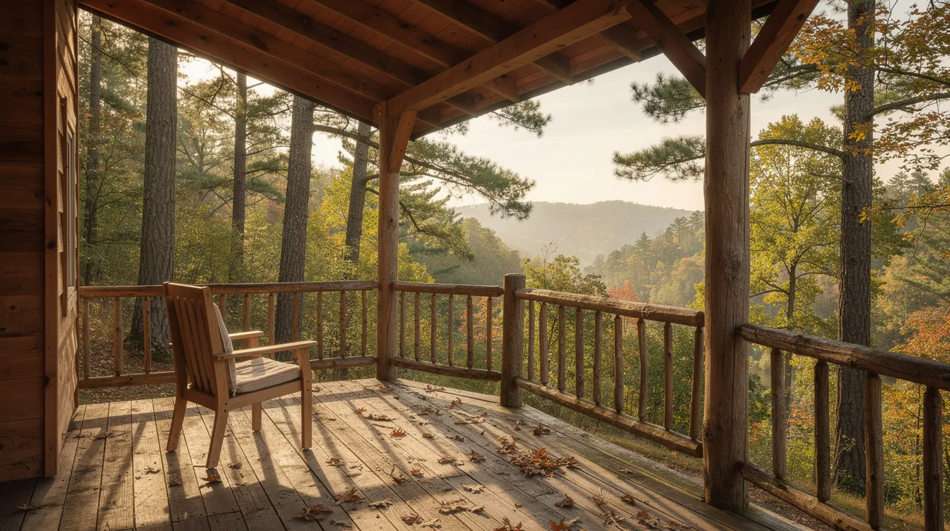 5822b25fc65a4278ac64169990d9c69c The image depicts a cozy cabin with a covered wooden porch featuring rustic railings that extends out to provide a perfect spot for enjoying the fresh mountain air while overlooking a serene forested hillside This beautiful home showcases elements of rustic designs blending natural materials with the surrounding nature