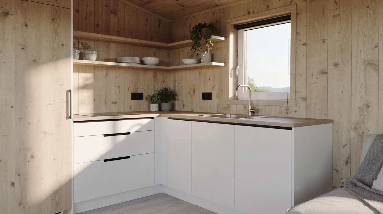 594239be135b41f28ddb5382bc28f0ca The image showcases a compact modern kitchen within a small wooden tiny home featuring natural light streaming through a window The space includes essential kitchen appliances like a stove and refrigerator designed for efficiency and functionality in a cozy living environment