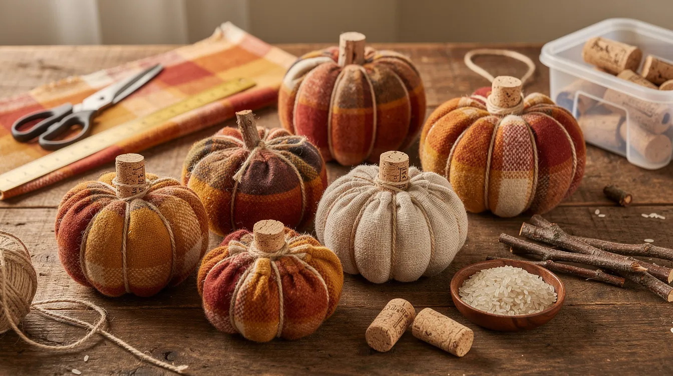5b49fa4c52b24769b4ab218239bf293e The image features a collection of rustic fabric pumpkins made from scraps of flannel and linen showcasing various sizes and colors Each pumpkin is adorned with jute twine wrapped around its body to create segments and topped with a natural twig stem embodying a charming decor element perfect for tiny homes