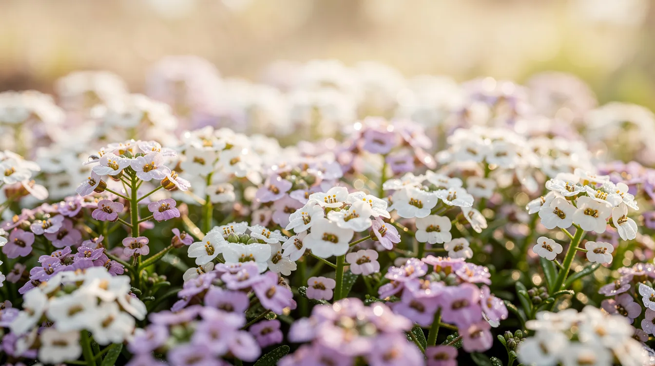 5b9c4fa689fe4406b755c672a16013f2 The image features clusters of delicate Sweet Alyssum flowers in various shades of white purple pink and yellow thriving in a sunny garden setting These tiny flowers create vibrant blooms that attract butterflies making them ideal for hanging baskets and flower beds in small spaces or around tiny houses