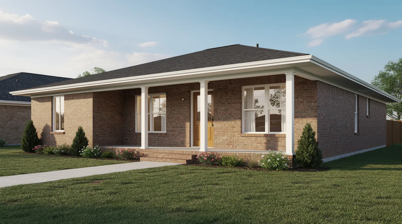 5d2a4778218e4abb9193d8dd1105a070 The image depicts a single story brick ranch home featuring a wide roof overhang and a welcoming front porch showcasing the durability and elegance of brick house designs This beautiful structure serves as an inspiring example of brick house plans perfect for those looking to build a cozy and functional home