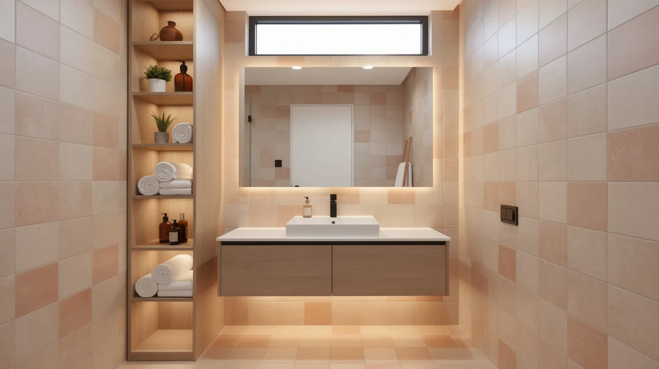 5d39a072944f406390ff0cc9217fd611 The image depicts a cozy compact bathroom featuring a floating vanity unit vertical shelving for toiletries and warm toned tiles that create a welcoming atmosphere This small bathroom design maximizes limited space while providing modern storage solutions and a stylish aesthetic