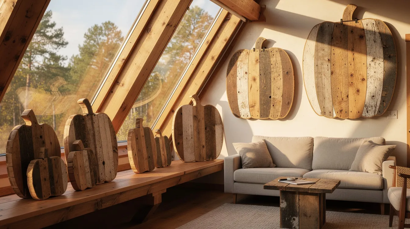 5d6dbe337c1e4465ba77f389ef1a90ae The image features rustic wooden pumpkins crafted from reclaimed boards showcasing various sizes suited for vertical spaces with a warm stain finish These charming decor pieces are perfect for tiny homes adding a cozy touch to any interior while being easy to store off season