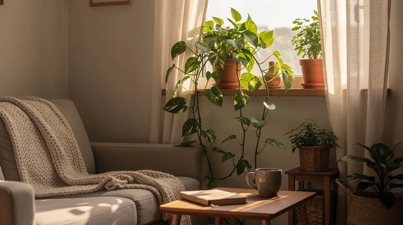 5f96f272df18444b8ace32a6e11992e0 A vibrant Pothos plant with its arching stems and lush green leaves sits comfortably in a small pot on a shelf in a cozy home This low light tolerant indoor plant thrives in bright indirect light making it an ideal choice for busy plant parents looking to brighten up small spaces