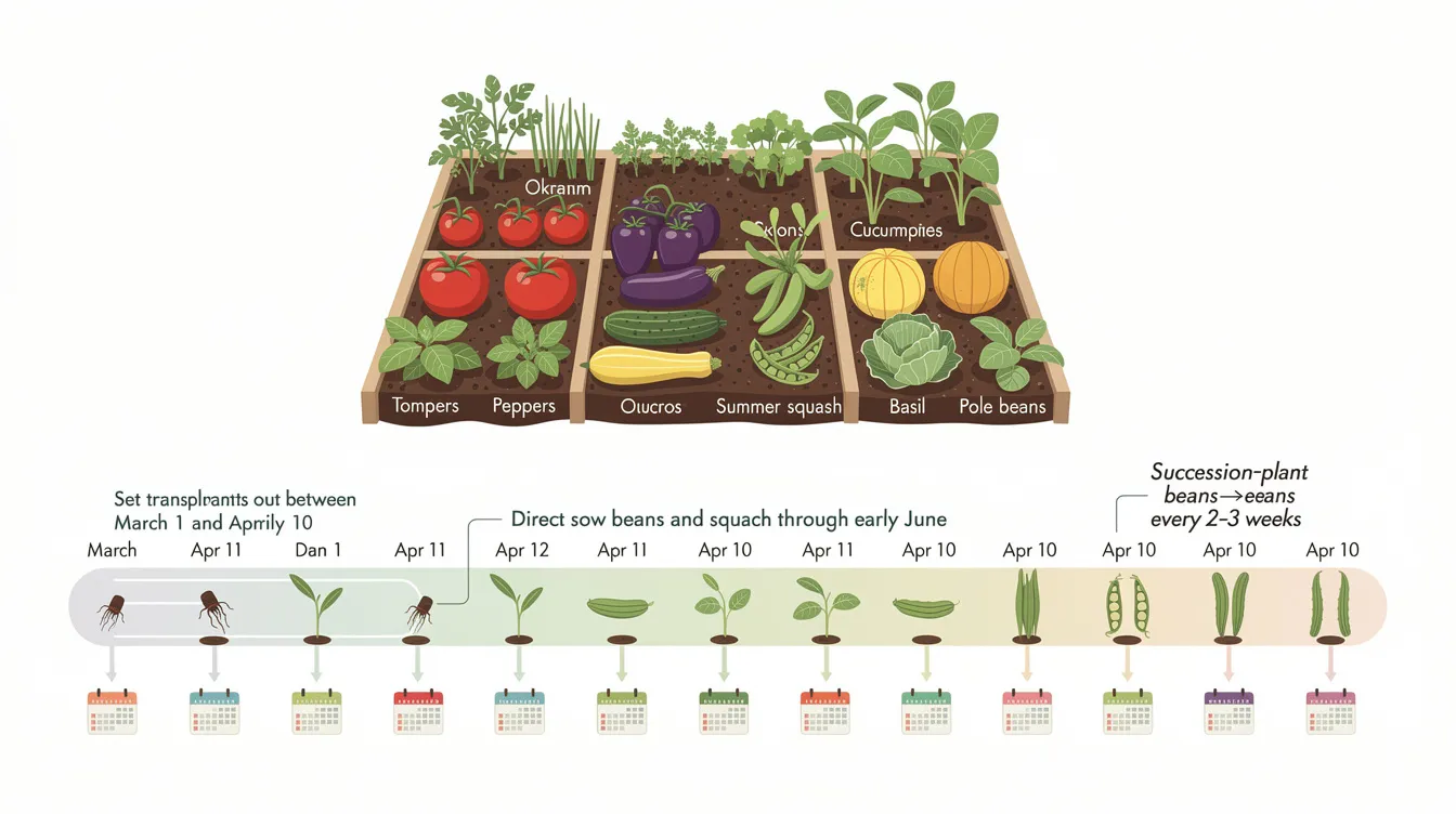 5f993387f33041d184ac74d010f82e6c The image depicts a vibrant garden in Houston filled with various vegetables such as tomatoes peppers and cucumbers ready for planting It highlights the ideal planting dates between March 1 and April 10 showcasing the thriving crops that gardeners can enjoy during the summer heat