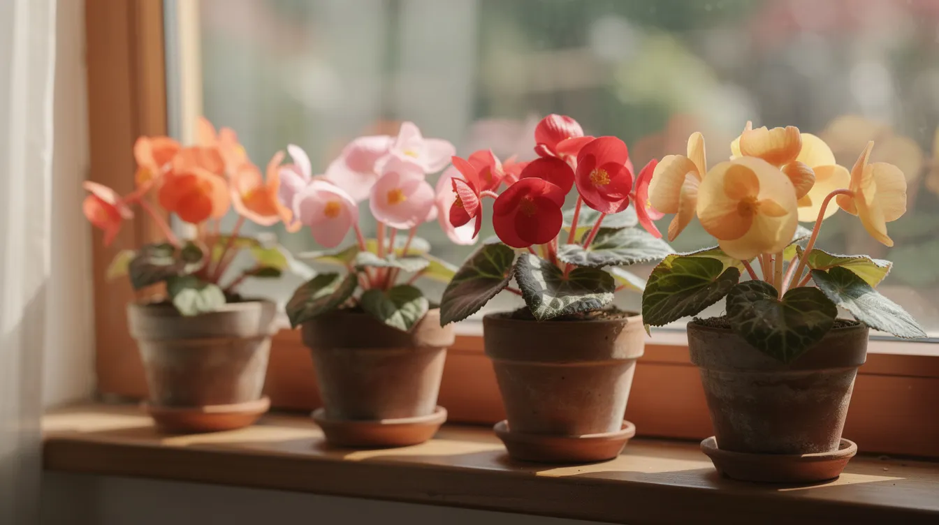 6051a9c1293b461cb9056034f2ff860c The image features colorful begonias in small terracotta pots beautifully arranged on a wooden windowsill illuminated by soft natural light These vibrant blooms add a touch of beauty and life to the indoor space perfect for tiny house designs and small spaces