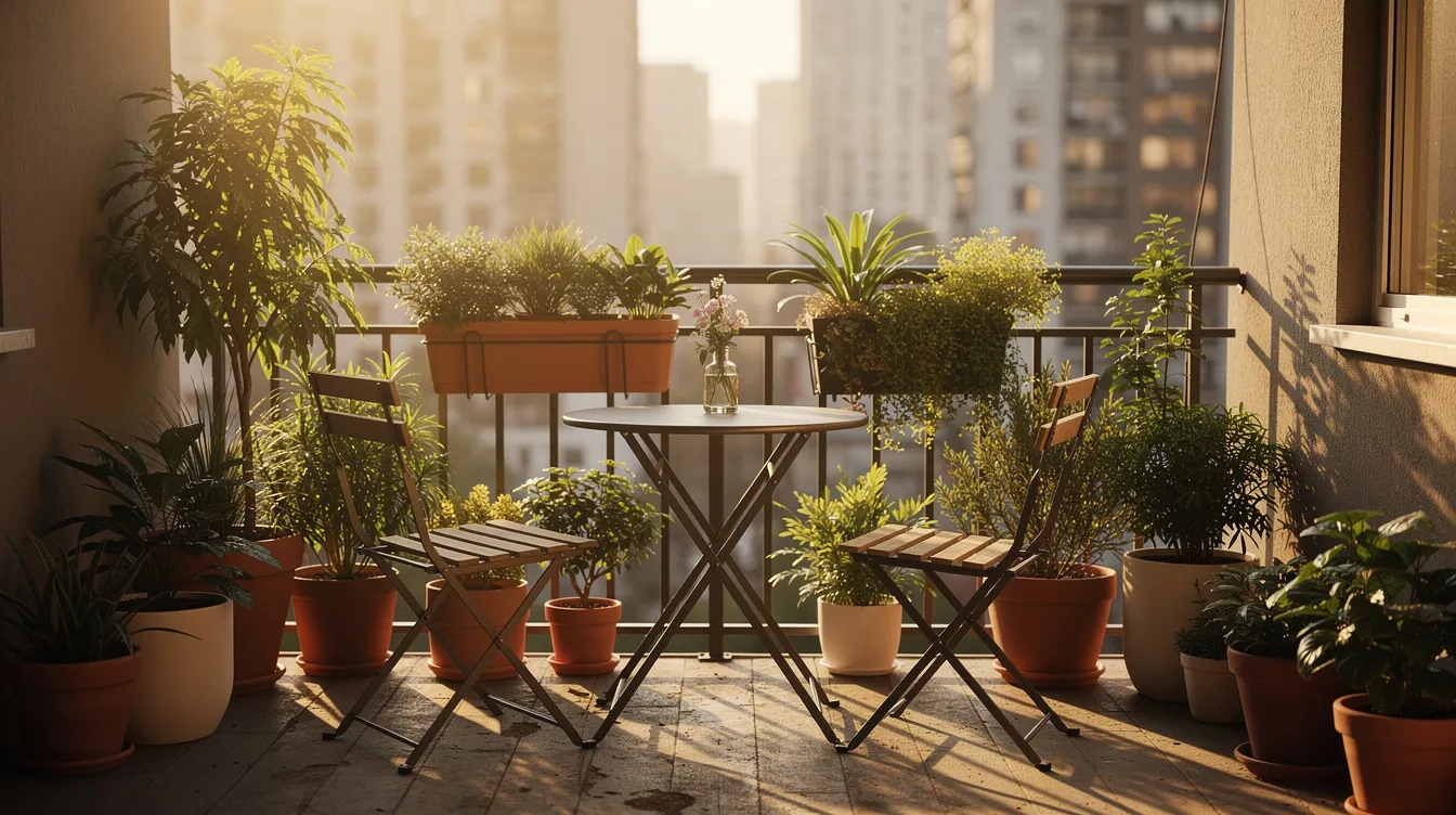 623aeeef141b40038af6ab1a3a79a53b The image depicts a small apartment balcony featuring two folding chairs and a tiny round table surrounded by potted plants all bathed in warm afternoon light with a view of city buildings in the background This outdoor space offers a cozy spot for relaxation ideal for enjoying the natural light and urban scenery