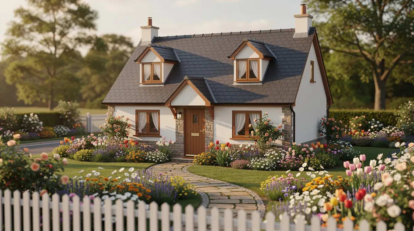 6269098d47eb488fb13c1d2d924280a7 The image depicts a cozy cottage style small house featuring a gabled roof and charming dormer windows surrounded by a flower filled front yard that enhances its inviting appearance This compact home design showcases the beauty of small house plans perfect for homeowners seeking comfort and efficiency in a suburban setting