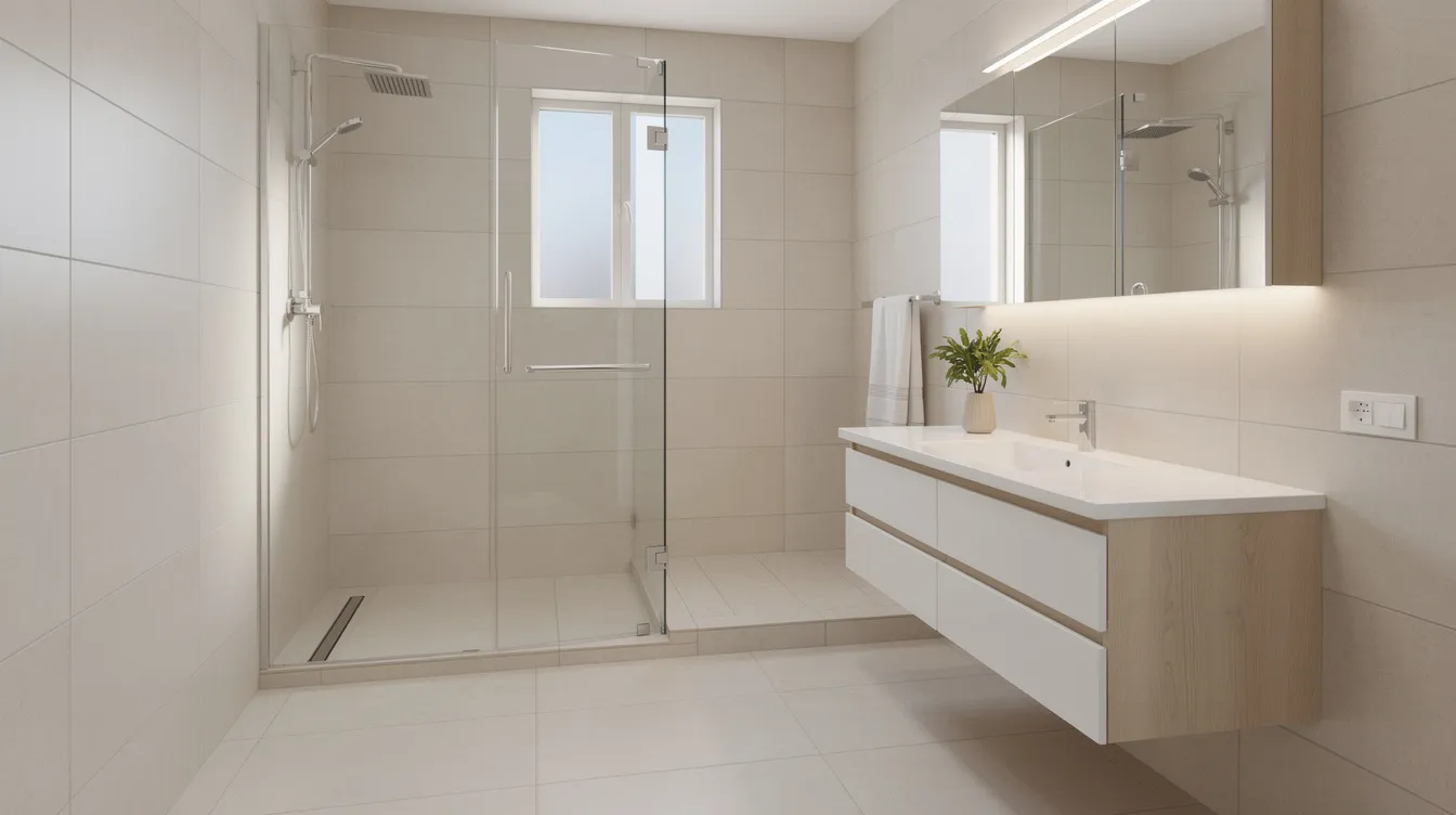 635ebd475847405fbc19e47f282fa2ed A modern compact bathroom featuring light colored tiles a stylish floating vanity unit and a glass enclosed corner shower designed to maximize space in a small bathroom The airy atmosphere is enhanced by a window and minimal clutter making it a perfect example of small bathroom ideas for limited spaces