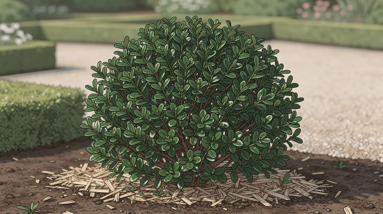 64d36581f2d5474d8f104337a55fbfc4 The image features a Dwarf Boxwood Buxus sempervirens'Suffruticosa'), showcasing its compact, dark green foliage ideal for front door plants. This evergreen shrub thrives in partial shade and provides year-round interest, making it a great choice for enhancing curb appeal at entrances.