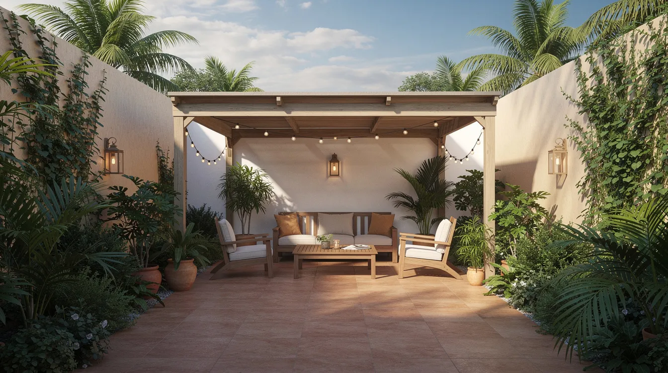 65789eb9c4464abd837f45ba86feeb4c A small courtyard home features a covered patio area adorned with warm wooden furniture surrounded by lush green plants under an open sky creating a tranquil outdoor living space perfect for family gatherings The design emphasizes indoor outdoor living blending nature with comfortable furnishings