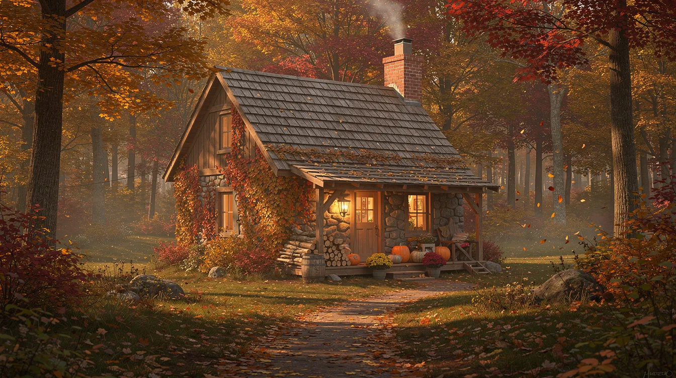 65e3d4af11714bd9a165fa9a66a6214f The image depicts a cozy autumn cottage adorned with fall decorations featuring warm fall colors and textures A comfortable couch is layered with throw blankets and pillow covers while pumpkins and candles create a welcoming atmosphere perfect for the fall season